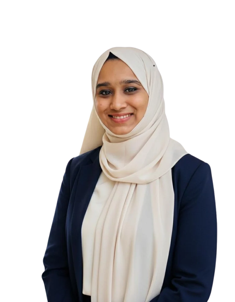 This is a picture of the best digital marketer in Wayanad, wearing a cream hijab and navy blazer.