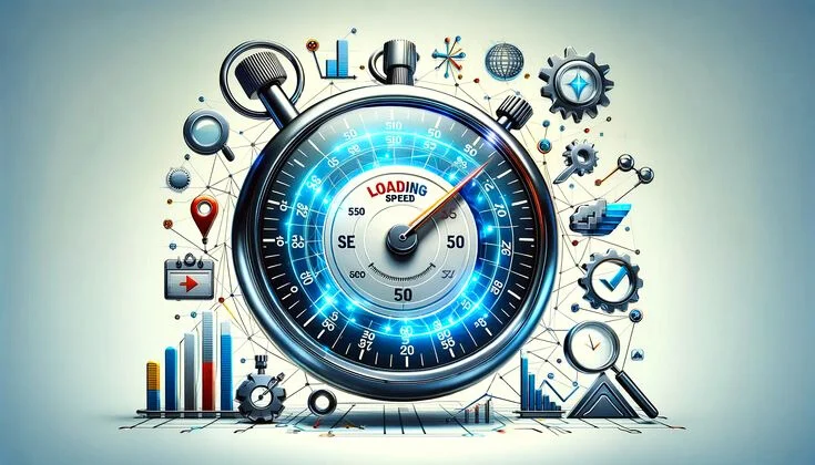 A high-speed loading gauge surrounded by digital tools illustrating the importance of mastering minimal vs interactive website designs for startups