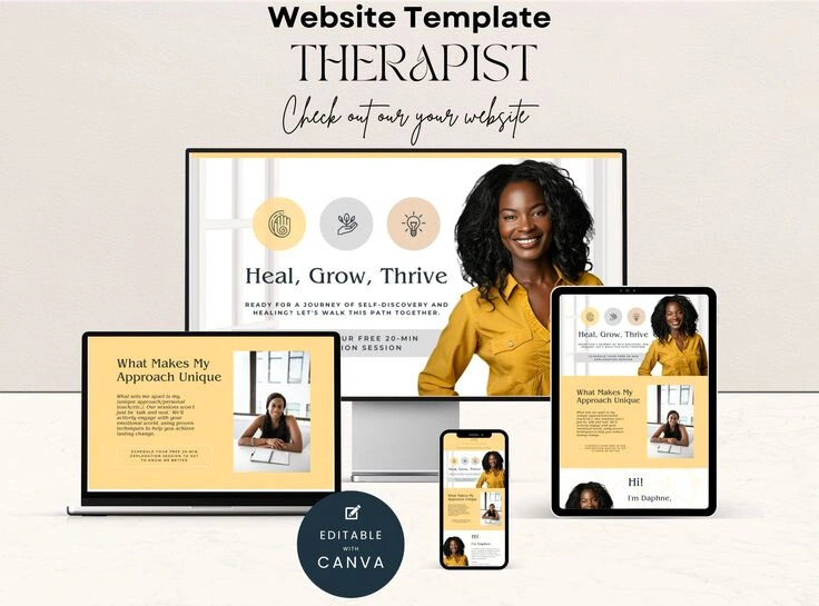 A responsive therapist website template is used to explain: should startups choose a minimal or interactive website?